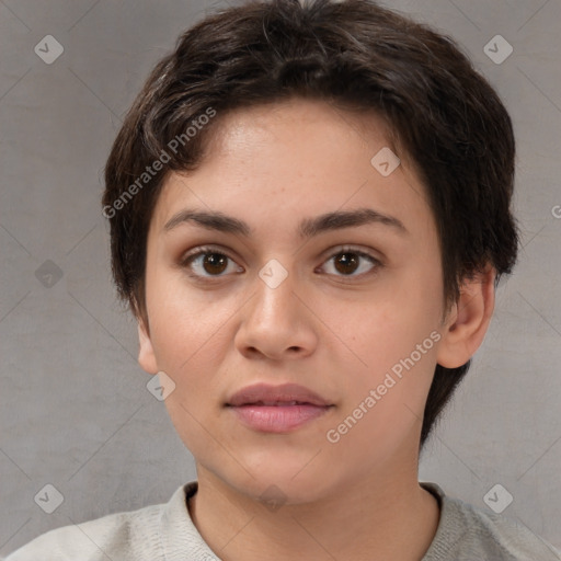 Neutral white young-adult female with short  brown hair and brown eyes