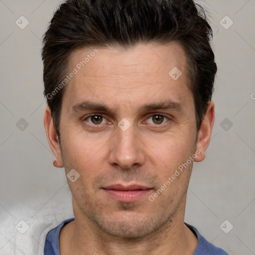 Neutral white adult male with short  brown hair and brown eyes