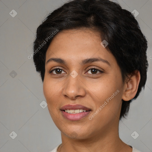 Joyful white young-adult female with short  brown hair and brown eyes