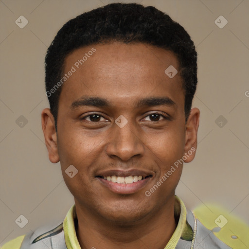 Joyful black young-adult male with short  black hair and brown eyes