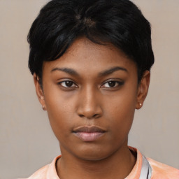 Neutral asian young-adult female with short  black hair and brown eyes