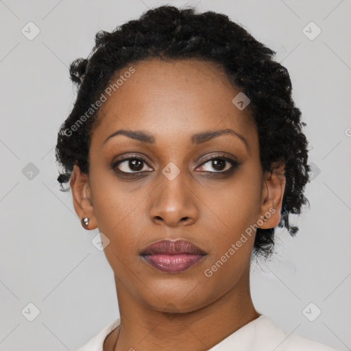 Neutral black young-adult female with short  black hair and brown eyes