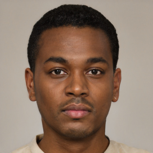 Neutral black young-adult male with short  black hair and brown eyes