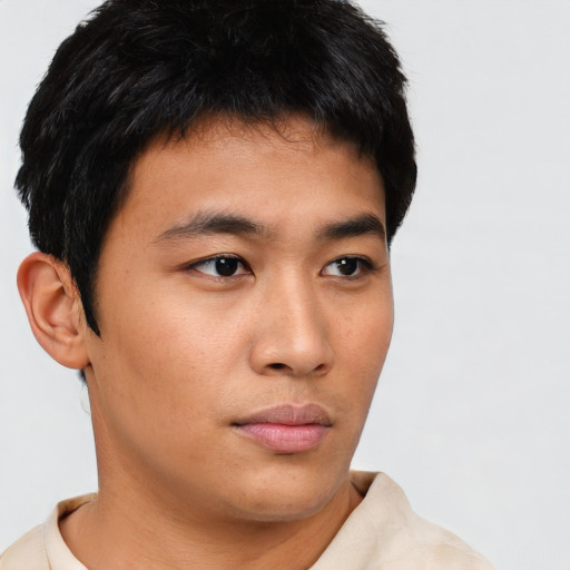 Neutral asian young-adult male with short  brown hair and brown eyes