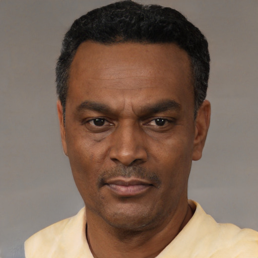 Neutral black adult male with short  black hair and brown eyes