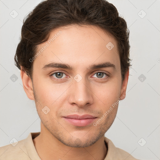 Neutral white young-adult male with short  brown hair and grey eyes