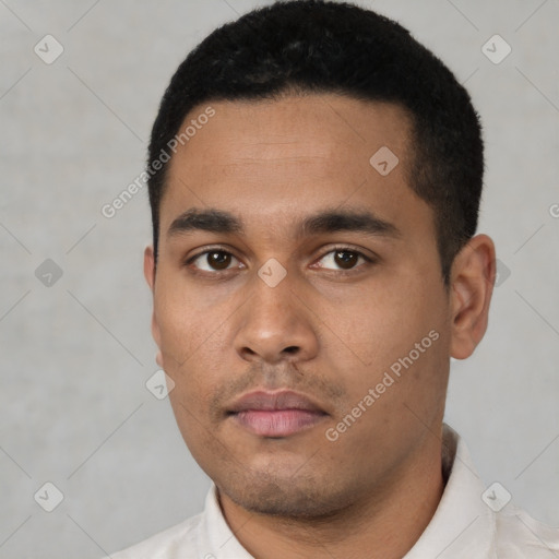 Neutral latino young-adult male with short  black hair and brown eyes