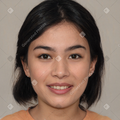 Joyful white young-adult female with medium  brown hair and brown eyes