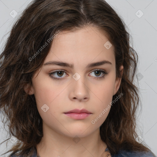 Neutral white young-adult female with medium  brown hair and brown eyes