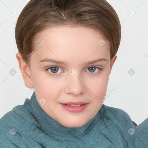 Joyful white child female with short  brown hair and brown eyes