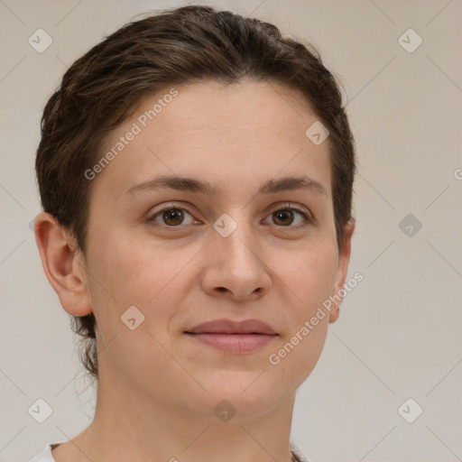 Joyful white young-adult female with short  brown hair and grey eyes