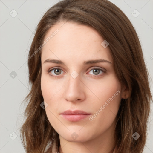 Neutral white young-adult female with long  brown hair and grey eyes