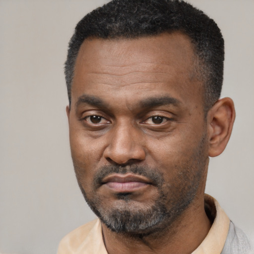 Neutral latino adult male with short  black hair and brown eyes