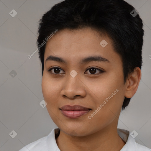 Joyful asian young-adult female with short  black hair and brown eyes