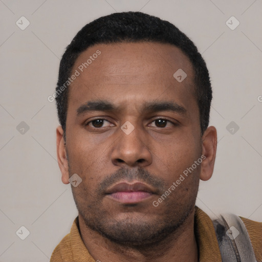 Neutral latino young-adult male with short  black hair and brown eyes