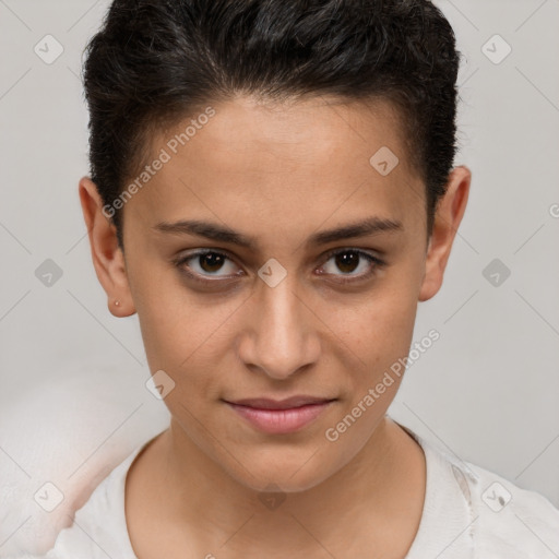 Joyful white young-adult female with short  brown hair and brown eyes