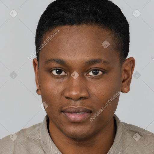 Neutral black young-adult male with short  black hair and brown eyes