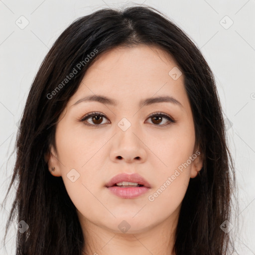 Neutral asian young-adult female with long  brown hair and brown eyes