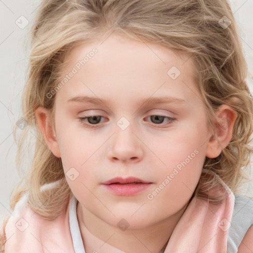 Neutral white child female with medium  brown hair and blue eyes