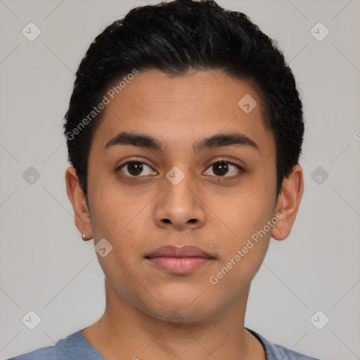 Neutral latino young-adult male with short  black hair and brown eyes