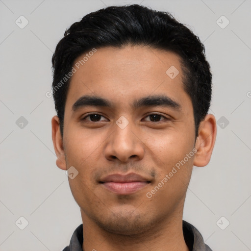 Neutral latino young-adult male with short  black hair and brown eyes