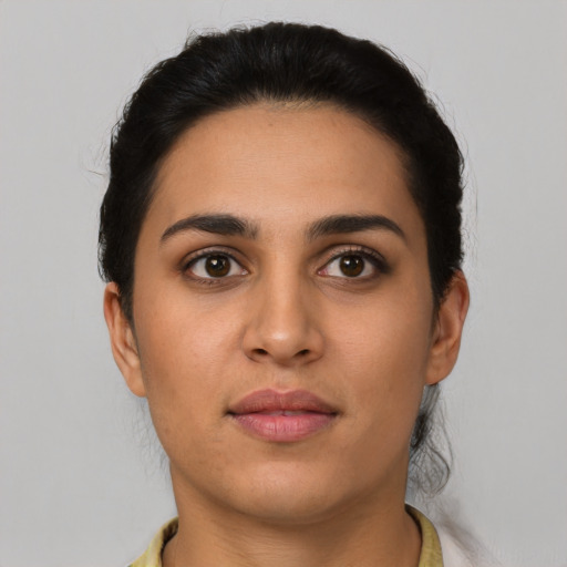 Neutral latino young-adult female with short  black hair and brown eyes