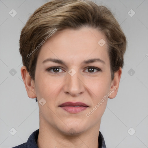 Joyful white young-adult female with short  brown hair and grey eyes