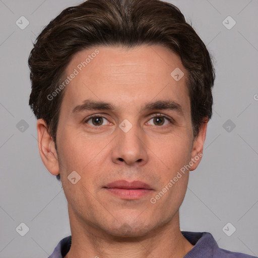 Neutral white adult male with short  brown hair and brown eyes