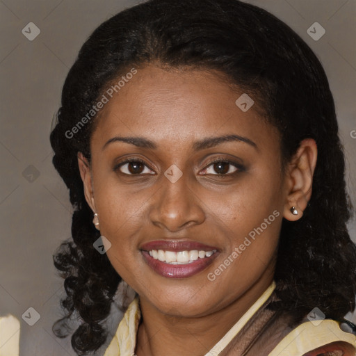 Joyful black young-adult female with medium  brown hair and brown eyes