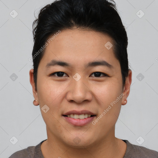 Joyful asian young-adult male with short  brown hair and brown eyes