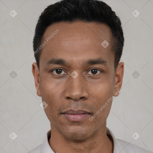 Neutral black young-adult male with short  black hair and brown eyes
