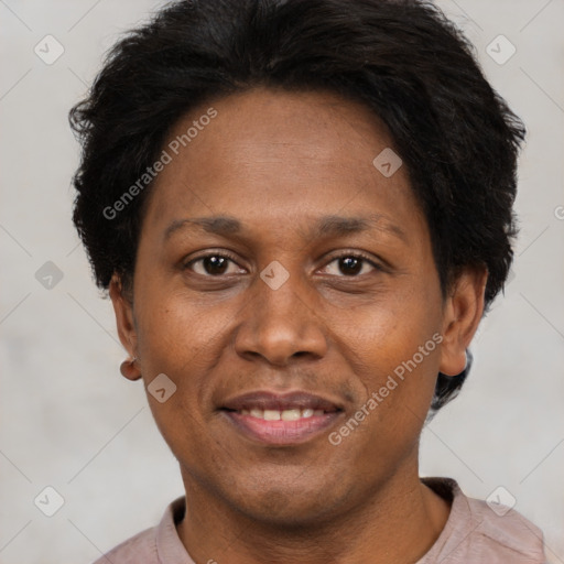 Joyful black adult female with short  brown hair and brown eyes