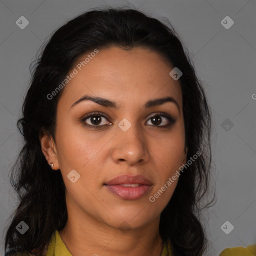 Joyful latino young-adult female with long  brown hair and brown eyes