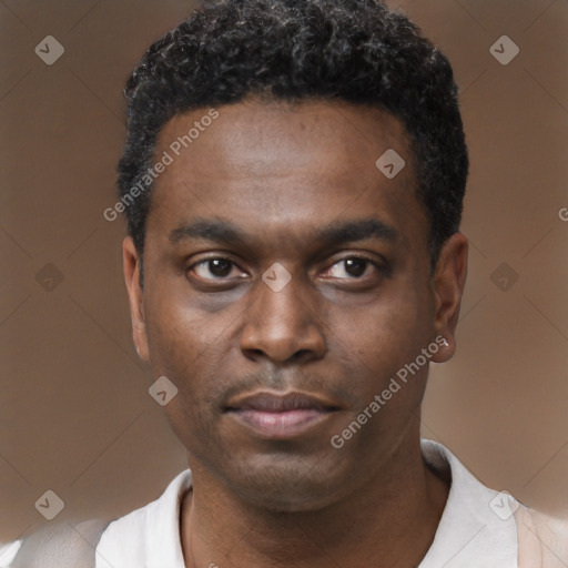 Neutral black young-adult male with short  black hair and brown eyes