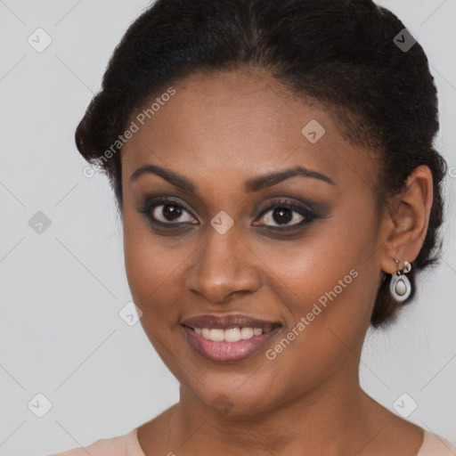 Joyful latino young-adult female with short  brown hair and brown eyes