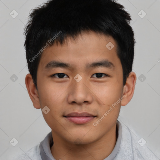 Neutral asian young-adult male with short  black hair and brown eyes