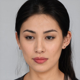 Neutral asian young-adult female with medium  brown hair and brown eyes