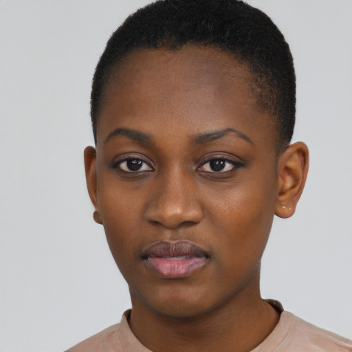 Neutral black young-adult female with short  black hair and brown eyes