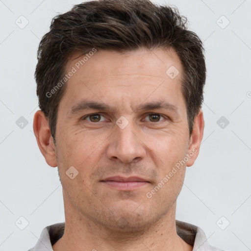 Neutral white adult male with short  brown hair and brown eyes