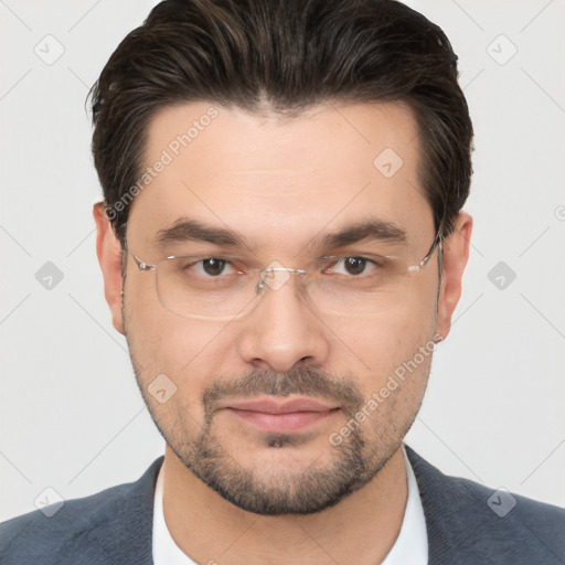 Joyful white adult male with short  brown hair and brown eyes