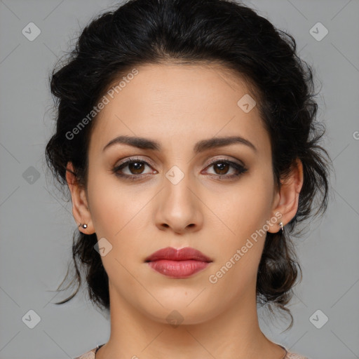 Neutral white young-adult female with medium  brown hair and brown eyes