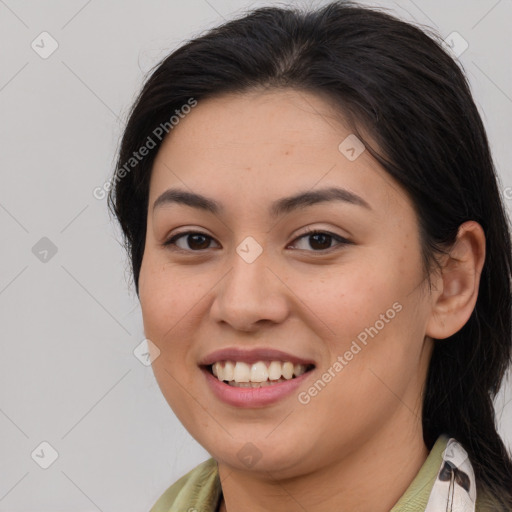 Joyful white young-adult female with medium  brown hair and brown eyes