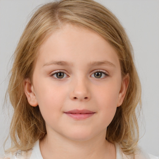 Neutral white child female with medium  brown hair and blue eyes