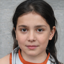 Joyful white child female with medium  brown hair and brown eyes