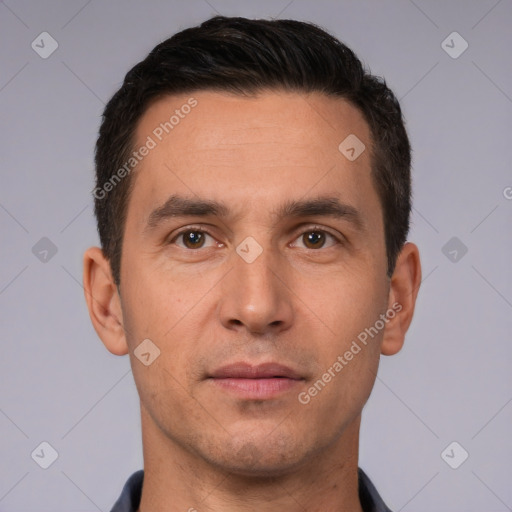 Neutral white young-adult male with short  brown hair and brown eyes