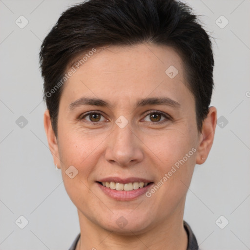 Joyful white young-adult female with short  brown hair and brown eyes