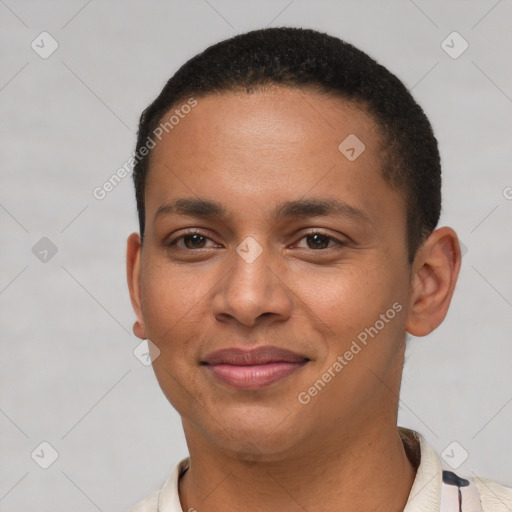 Joyful latino young-adult female with short  brown hair and brown eyes