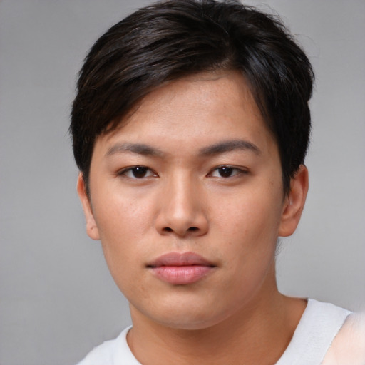 Neutral asian young-adult female with short  brown hair and brown eyes