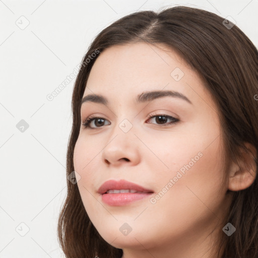 Neutral white young-adult female with long  brown hair and brown eyes