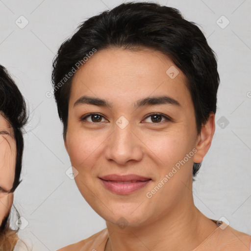 Joyful white young-adult female with short  brown hair and brown eyes